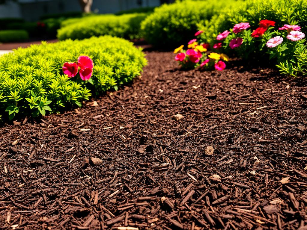 Freshly mulched garden bed with green shrubs and flowers in a Lake County, FL landscape